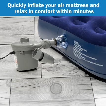 Quick-fill electric air pump for airbeds, pools, and inflatable toys