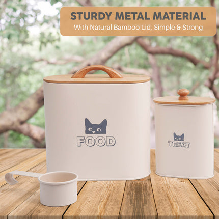 Airtight cat food tin container with serving scoop and lid