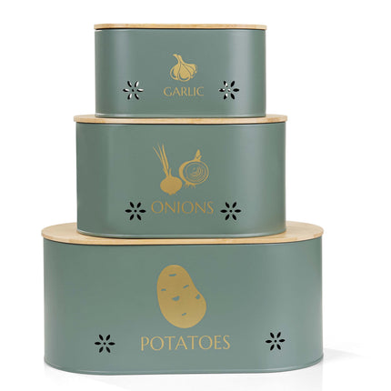 Bamboo lid vegetable storage tins for potatoes, onions, and garlic in grey metal.
