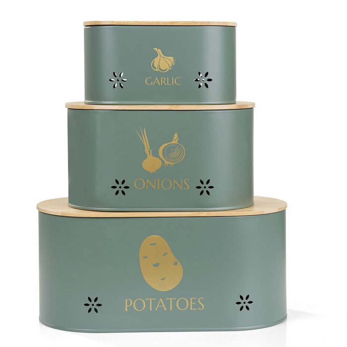 Bamboo lid vegetable storage tins for potatoes, onions, and garlic in grey metal.