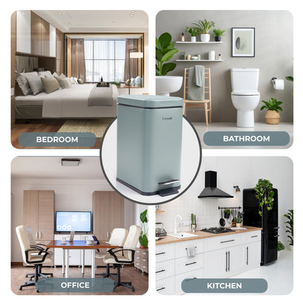 Compact step pedal bin for bathroom or kitchen