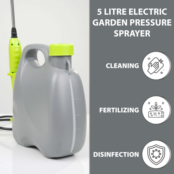 Battery powered 5 litre garden sprayer with adjustable nozzles