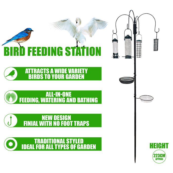 Bird feeding pole with seed, fat ball, nut, and suet block feeders UK.
