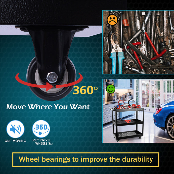 Black tool cart with smooth-rolling wheels and sturdy steel frame for home and professional use.