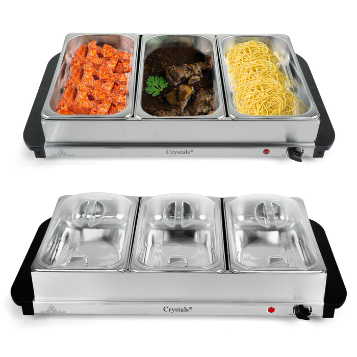 Close-up of the three 1.5L warming trays with transparent lids, ideal for keeping multiple dishes warm at once