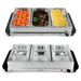 Close-up of the three 1.5L warming trays with transparent lids, ideal for keeping multiple dishes warm at once
