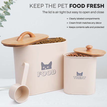 Cat food container duo set with wooden lids and plastic scoop