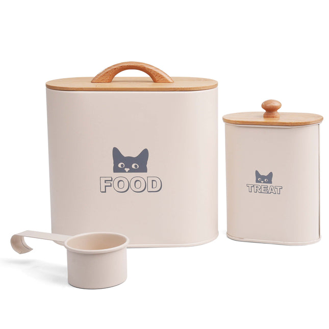 Cat food storage tin with scoop and airtight wooden lid – UK