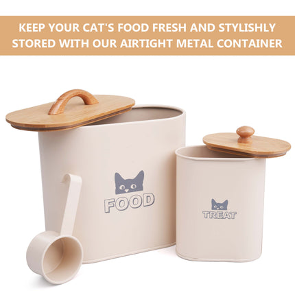 Cat treat storage tin set with secure wooden lids and scoop