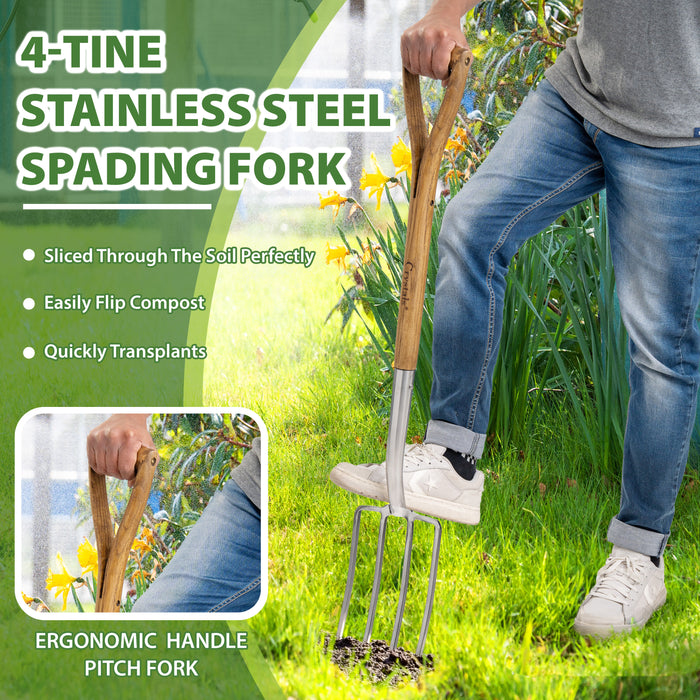 Ergonomic ash wood handle on heavy-duty garden fork, offering a comfortable grip for extended gardening sessions.