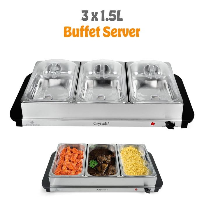 Stainless steel base of the Electric Buffet Server doubles as a hot plate for warming plates and small serving dishes.