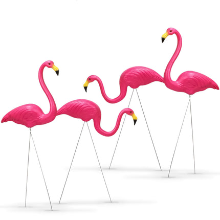 Flamingo lawn decor with metal spikes for secure garden placement.