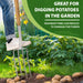 Stainless steel garden fork digging into soil with ergonomic ash wood handle for easy gardening.