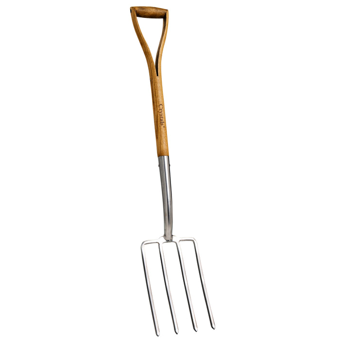 Stainless steel garden fork perfect for turning compost, with rust-resistant steel and ergonomic ash wood handle.