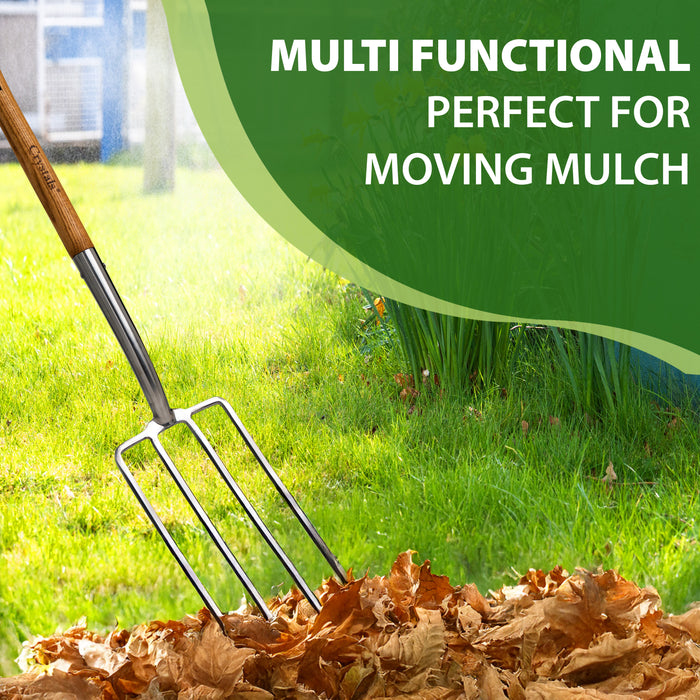 Heavy-duty garden fork with stainless steel head used for soil preparation in vegetable beds and gardening tasks.