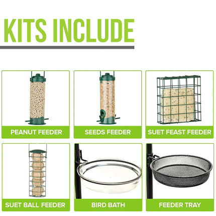 Garden wildlife feeding station with removable mesh tray and water bowl.