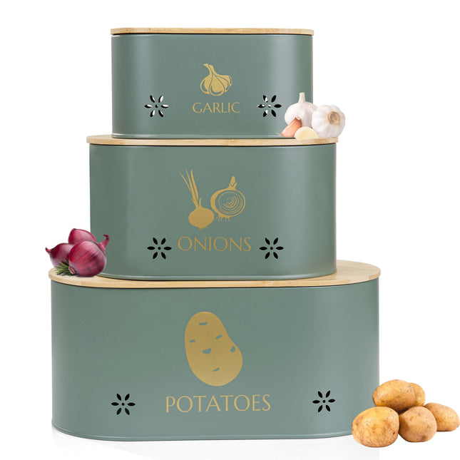 Grey metal storage tins for potatoes, onions, and garlic to keep your kitchen neat.