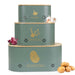 Grey metal storage tins for potatoes, onions, and garlic to keep your kitchen neat.