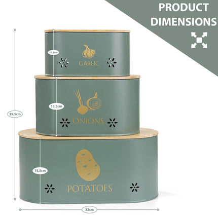 Grey metal tins perfect for storing vegetables like potatoes, onions, and garlic.