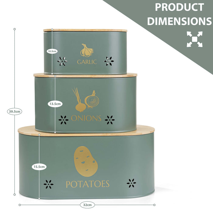 Grey metal tins perfect for storing vegetables like potatoes, onions, and garlic.