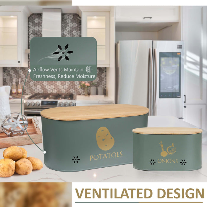Grey metal vegetable storage tins with bamboo lids, perfect for storing potatoes, onions, and garlic.