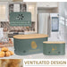 Grey metal vegetable storage tins with bamboo lids, perfect for storing potatoes, onions, and garlic.