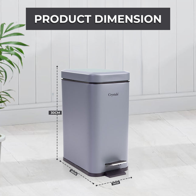 Side view of 5L grey bathroom kitchen pedal bin