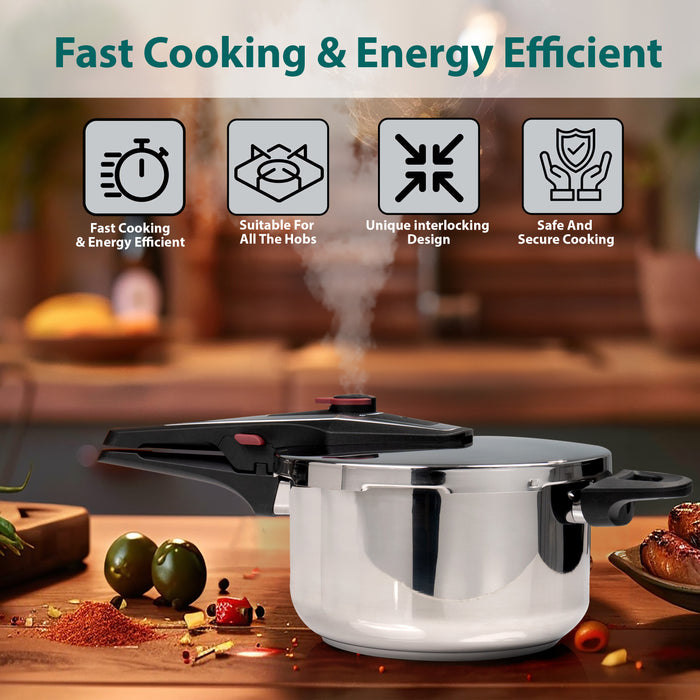 Close-up of 4L stainless steel pressure cooker with dual handles and safety lock for secure, pressure-controlled cooking.