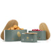 Set of 3 metal vegetable storage tins for potatoes, onions, and garlic.