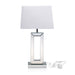 Modern mirrored table lamp with white rectangular fabric lampshade.