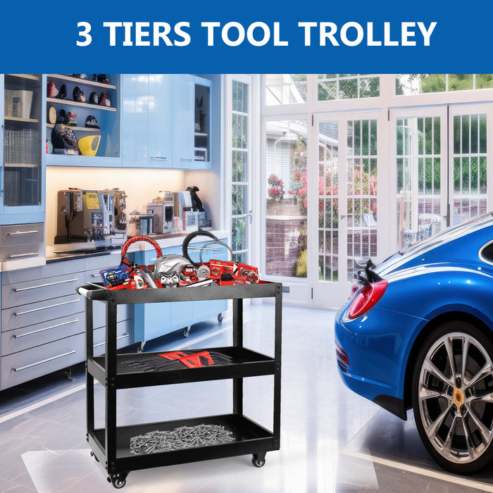 Mobile tool storage trolley with 3 shelves, ideal for UK garages, warehouses, and repair shops.