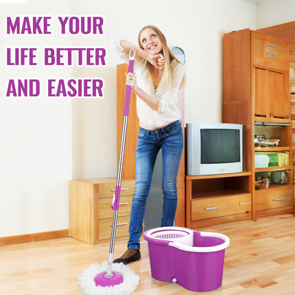360° Spin Rotating Mop & Bucket Set with 2 Mop Heads – Red, Blue, Purple