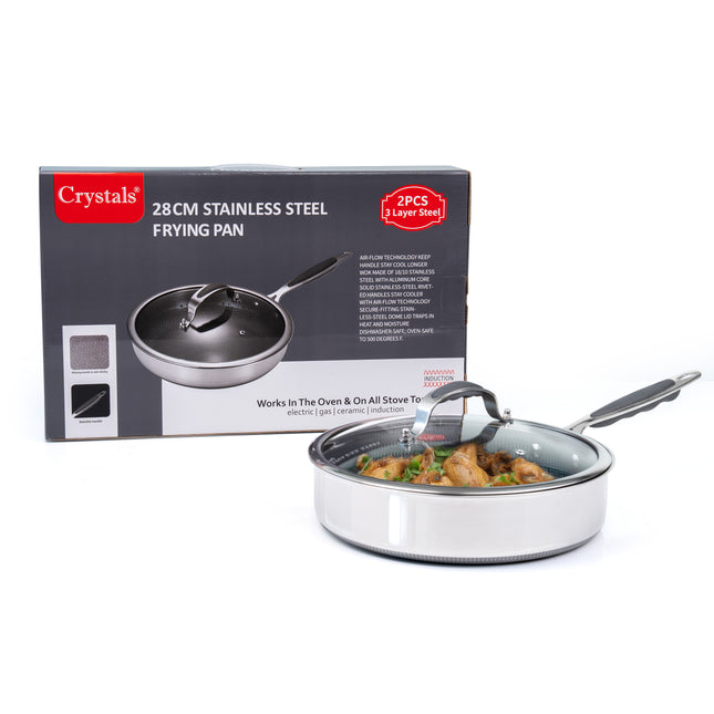 Frying pan with easy clean coating and strong tempered glass lid
