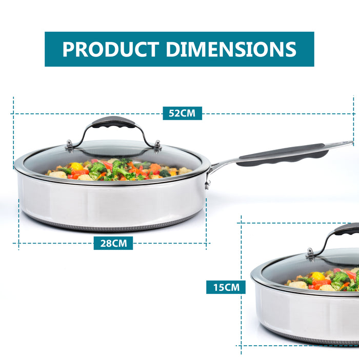 Close-up of non stick frying pan with drainage holes in glass lid