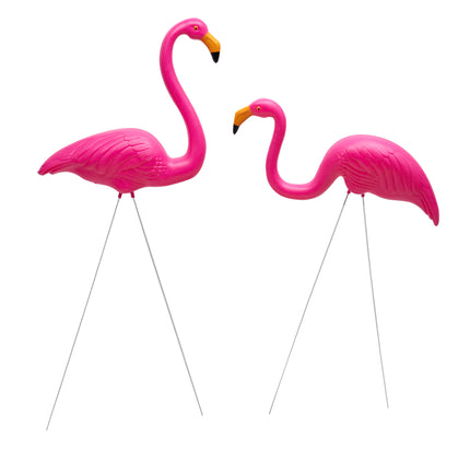 Pink flamingo garden ornaments 2 pack with ground spikes for lawn.