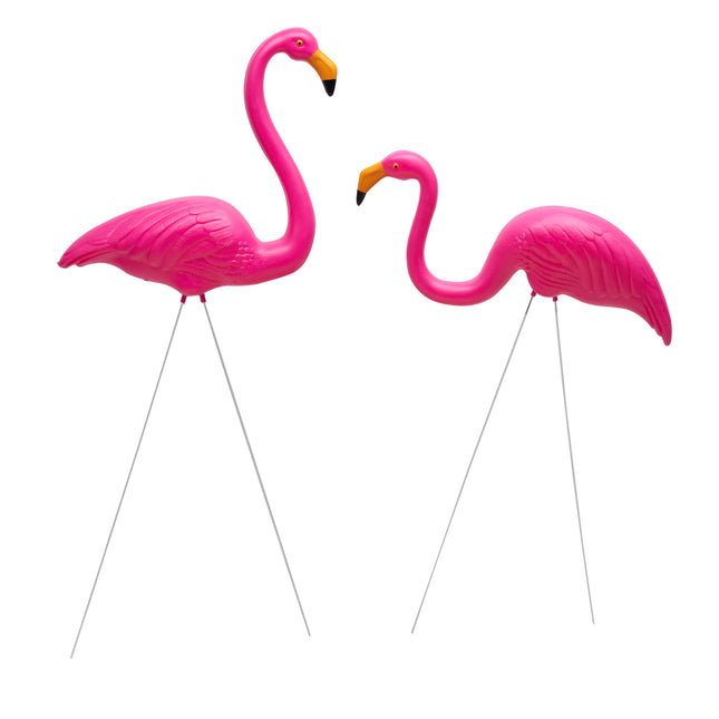 Pink flamingo garden ornaments 2 pack with ground spikes for lawn.