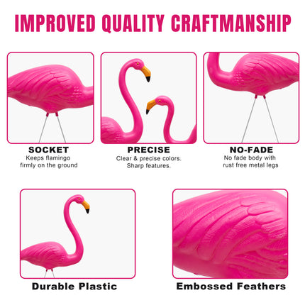 Set of 4 pink flamingo ornaments for outdoor garden decoration.
