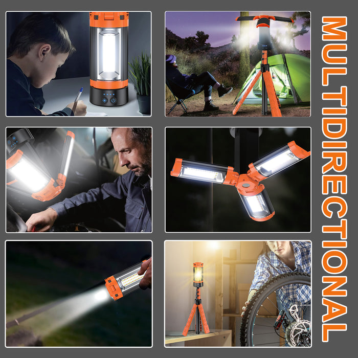 Portable LED work light with adjustable tripod for UK campsites and outdoor use