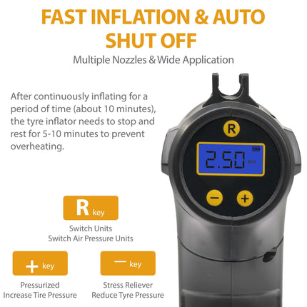 Portable tyre inflator air compressor with USB charging cable for use in the UK