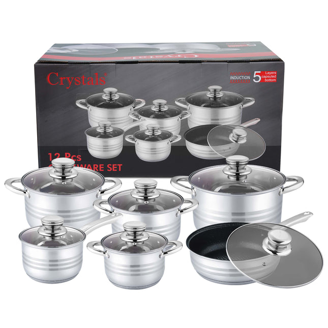 Premium stainless steel cookware set with 6 pots and glass lids
