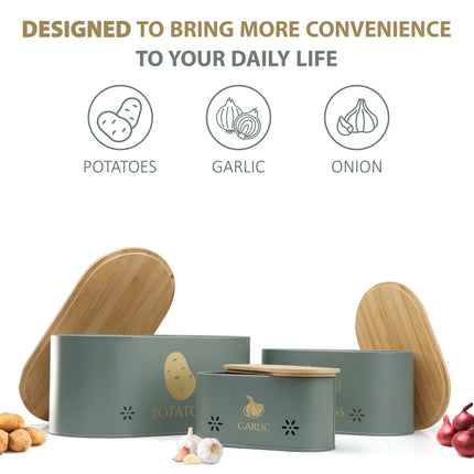 Set of 3 grey metal storage tins for potatoes, onions, and garlic, ideal for kitchen storage and organization.