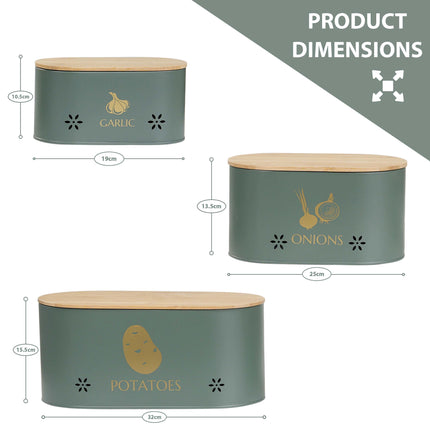 Set of 3 vegetable storage tins in grey metal designed to store potatoes, onions, and garlic.