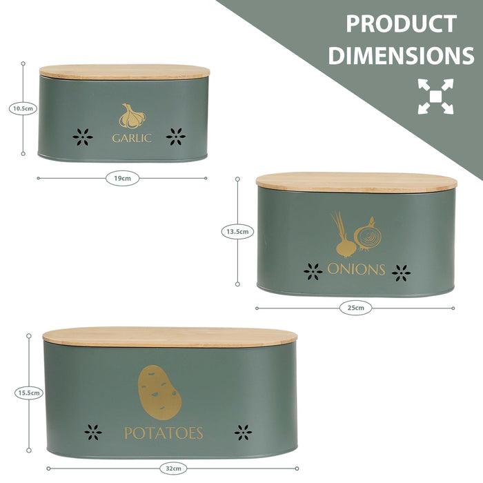 Set of 3 vegetable storage tins in grey metal designed to store potatoes, onions, and garlic.