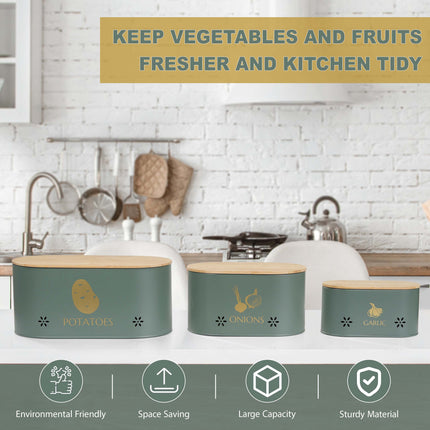 Grey metal set of 3 storage tins designed for potatoes, onions, and garlic.