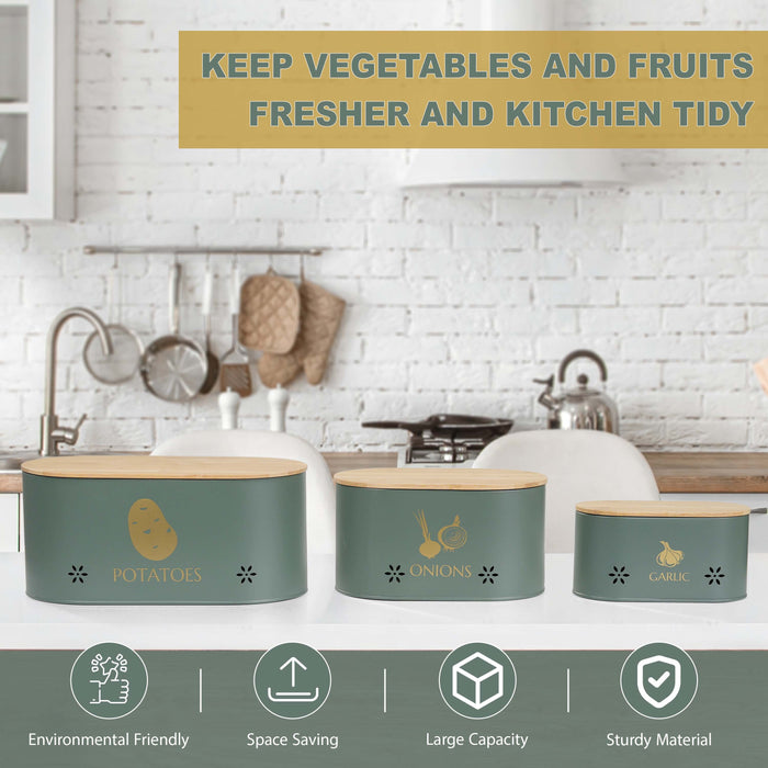 Grey metal set of 3 storage tins designed for potatoes, onions, and garlic.