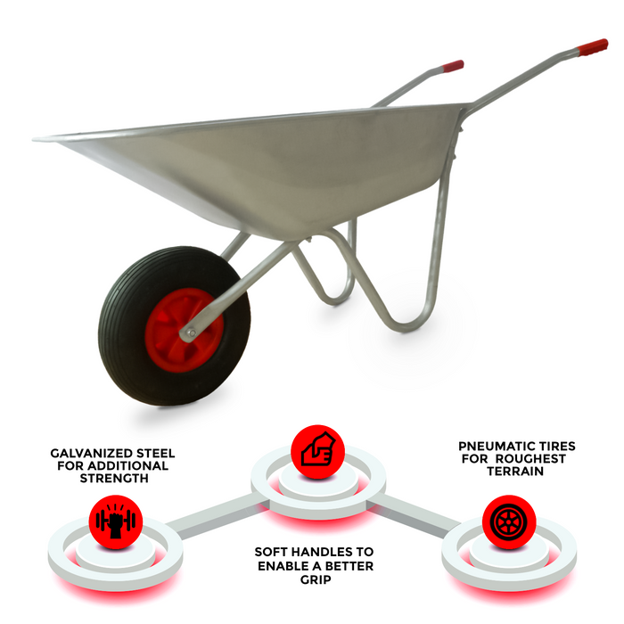 One wheel steel wheelbarrow for easy manoeuvring