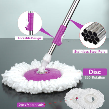 360° Spin Rotating Mop & Bucket Set with 2 Mop Heads – Red, Blue, Purple