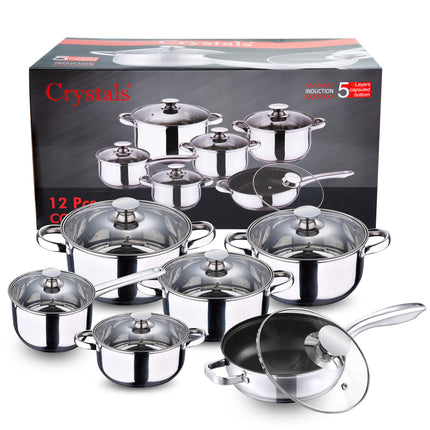 Stainless steel cookware with tempered glass lids and steam vents