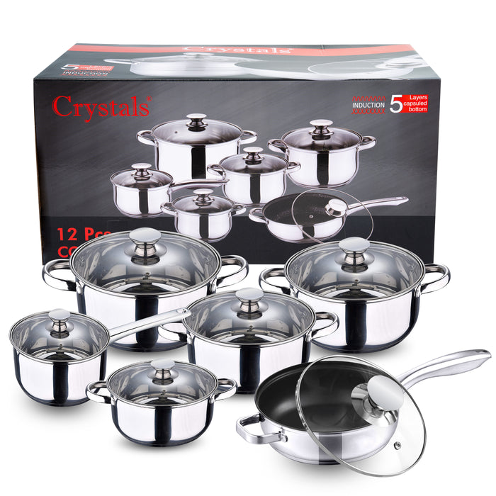 Stainless steel cookware with tempered glass lids and steam vents