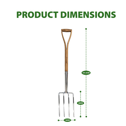 Heavy-duty stainless steel garden fork with ergonomic ash wood handle for comfortable gardening and lawn care.
